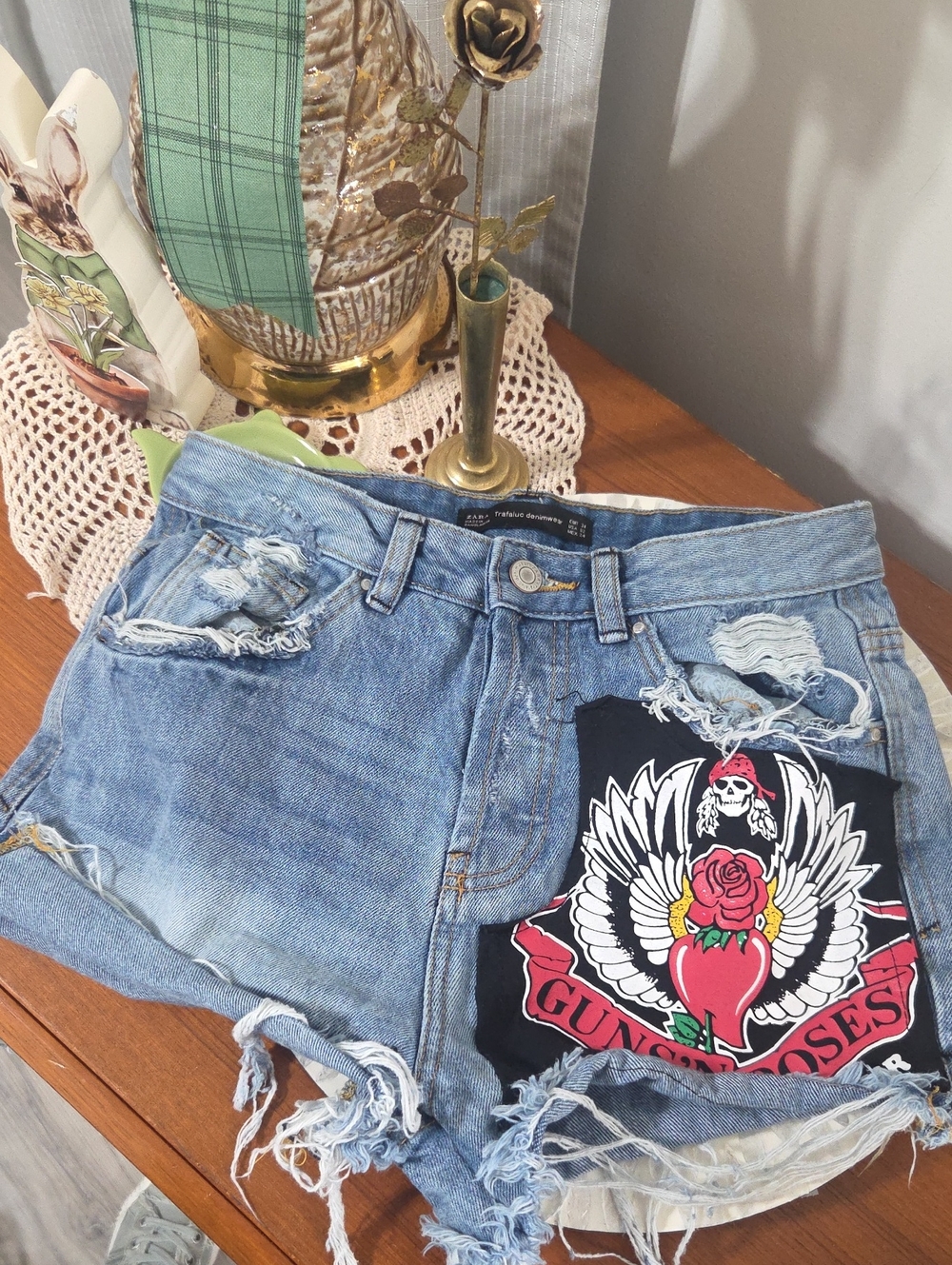 Zara "Guns And Roses" Distressed Light Blue Denim Shorts with Graphic Patch